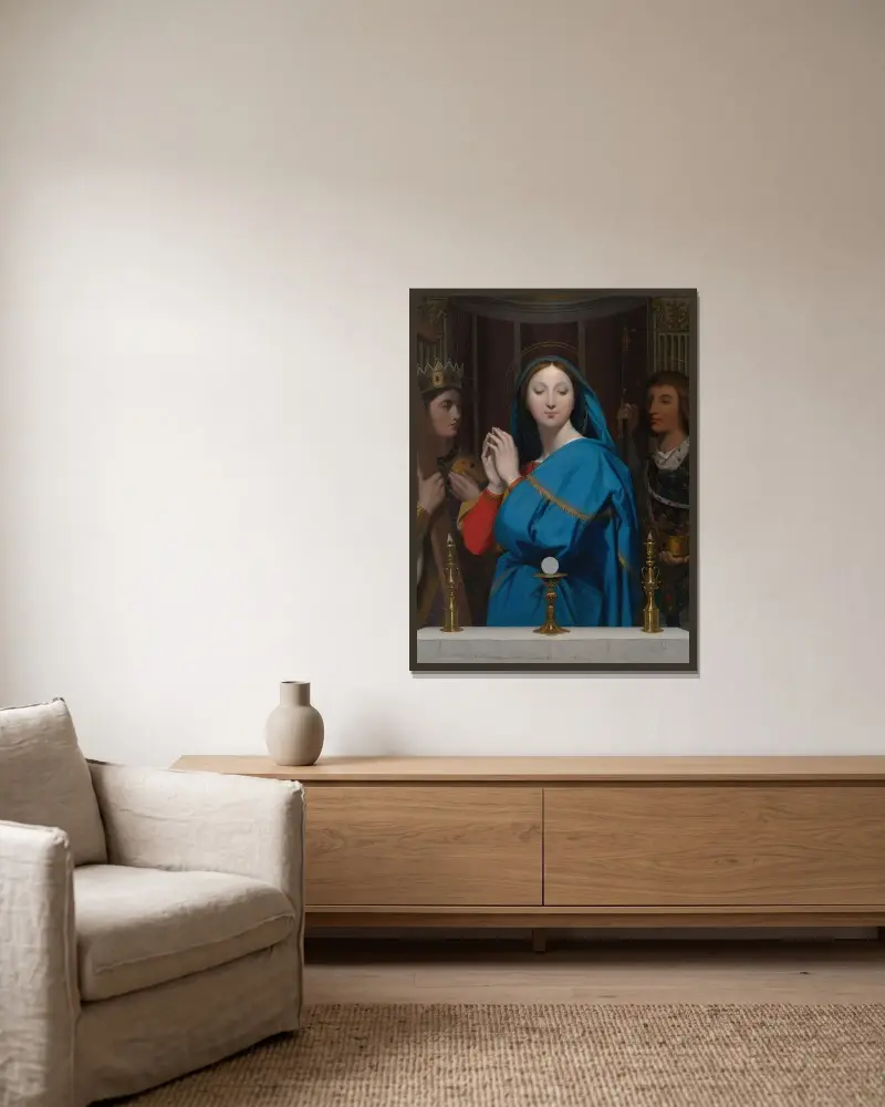 Jungfrun som tillber hostian av Jean Auguste Dominique Ingres inramad på en vägg