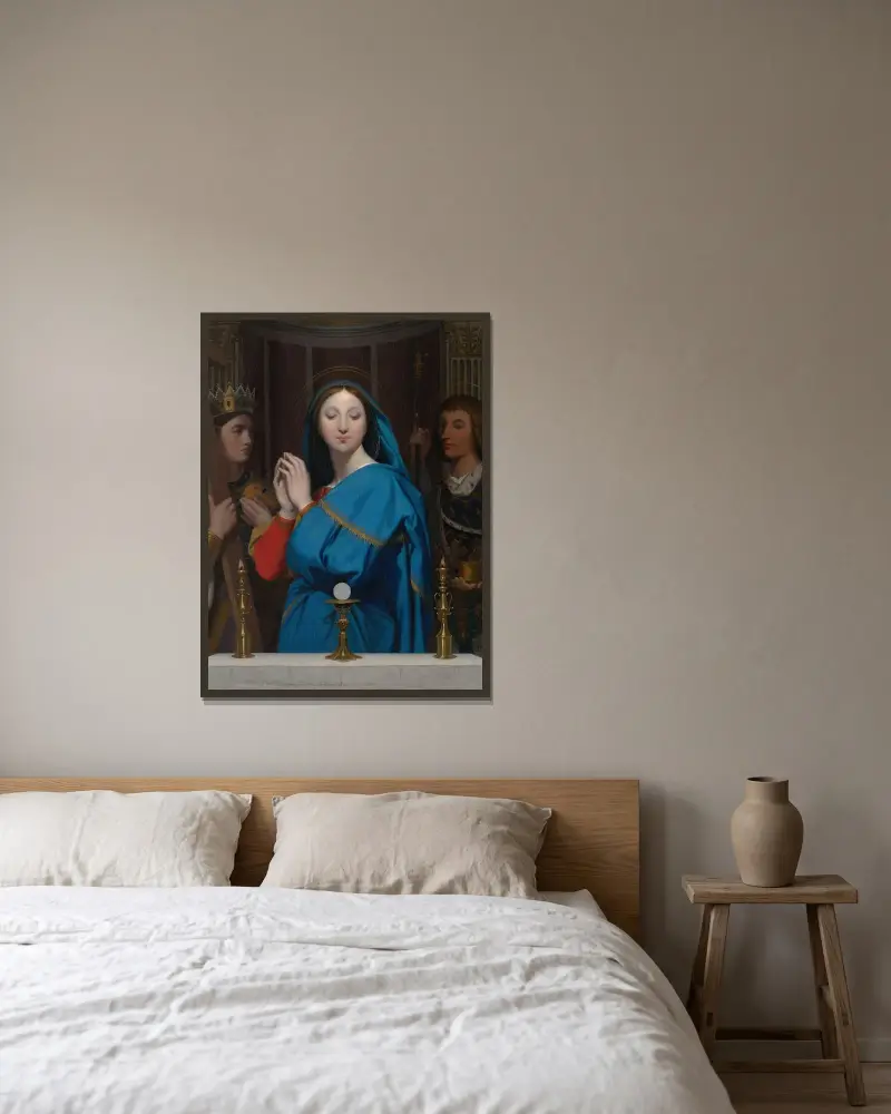 Jungfrun som tillber hostian av Jean Auguste Dominique Ingres inramad på en vägg