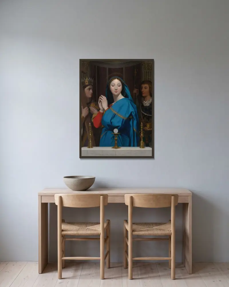 Jungfrun som tillber hostian av Jean Auguste Dominique Ingres inramad på en vägg