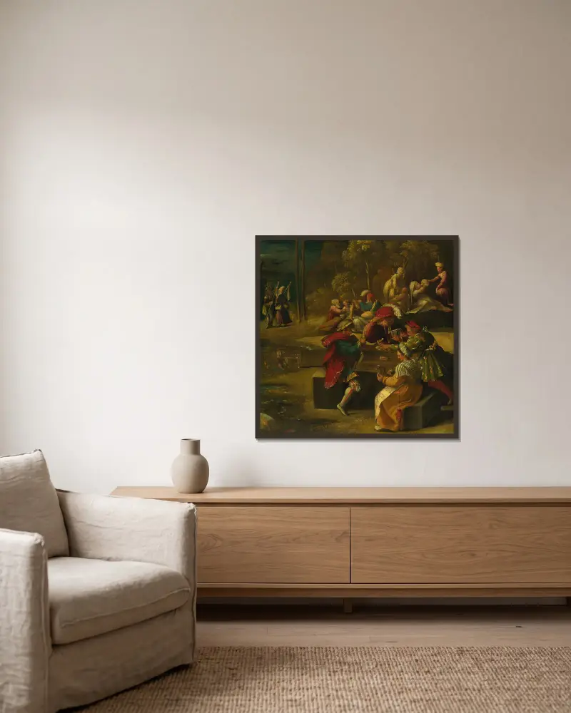En scen ur Vergilius Aeneiden, från Alfonso I d'Estes fris i Camerino d'Alabastro av Dosso Dossi inramad på en vägg