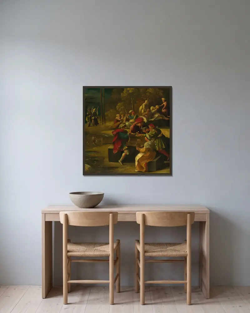 En scen ur Vergilius Aeneiden, från Alfonso I d'Estes fris i Camerino d'Alabastro av Dosso Dossi inramad på en vägg