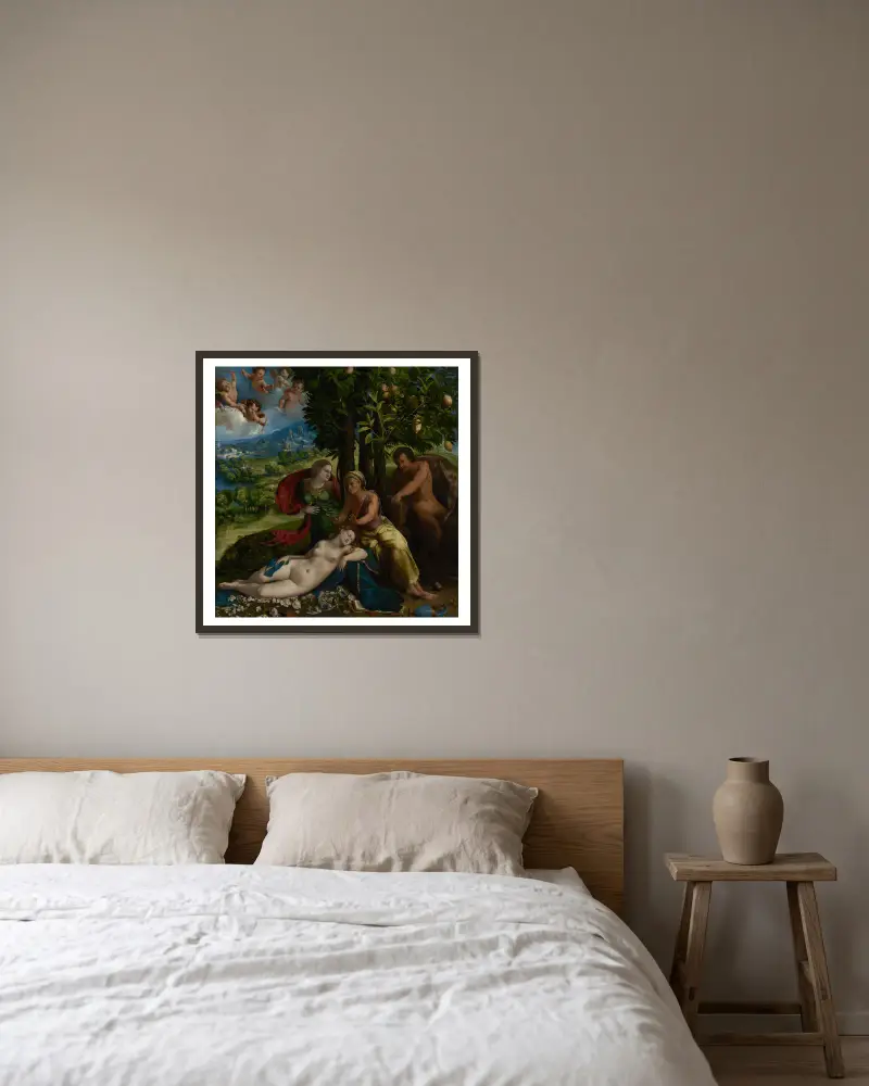 Mythological Scene av Dosso Dossi inramad på en vägg