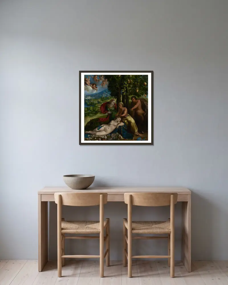 Mythological Scene av Dosso Dossi inramad på en vägg