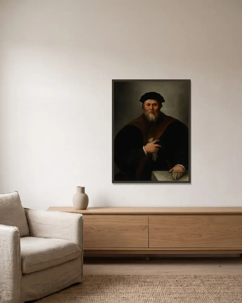 Bildnis eines Herrn – Nr. 2 von Dosso Dossi gerahmt an einer Wand