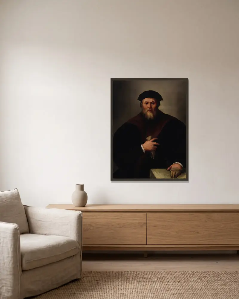 Portrait of a gentleman – nr 1 av Dosso Dossi inramad på en vägg