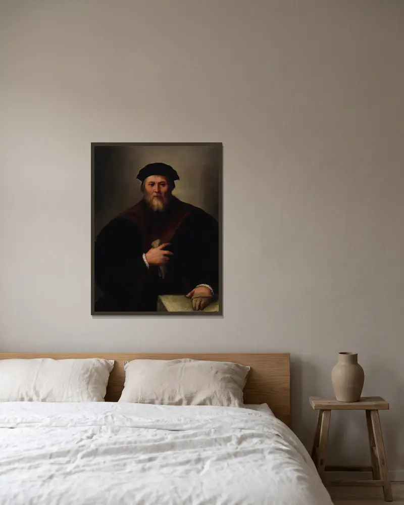 Portrait of a gentleman – nr 1 av Dosso Dossi inramad på en vägg