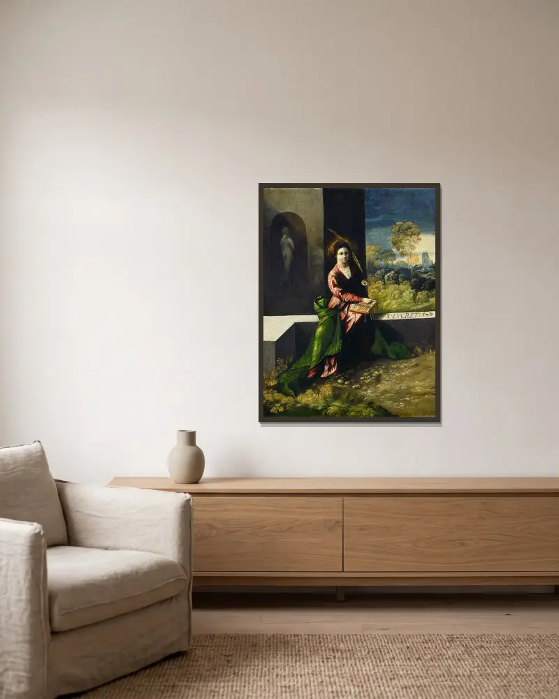 Heilige Lucretia von Dosso Dossi gerahmt an einer Wand
