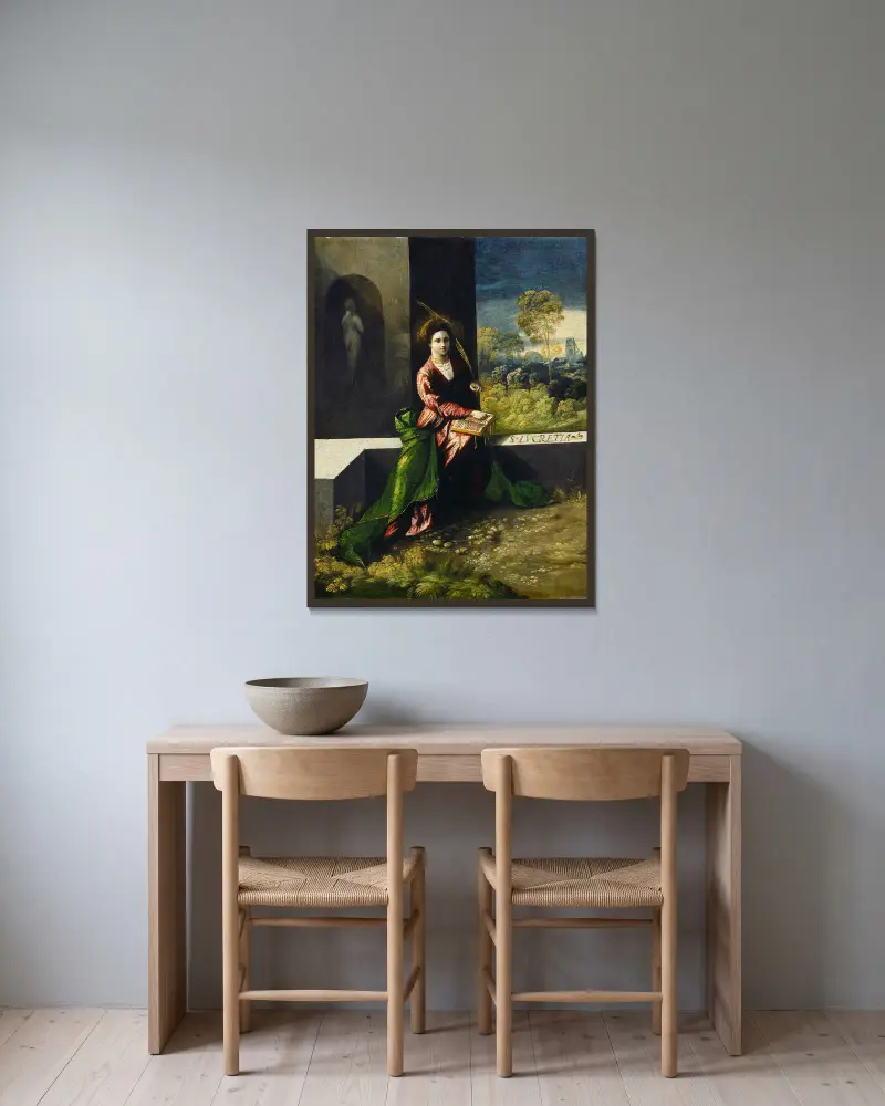Heilige Lucretia von Dosso Dossi gerahmt an einer Wand