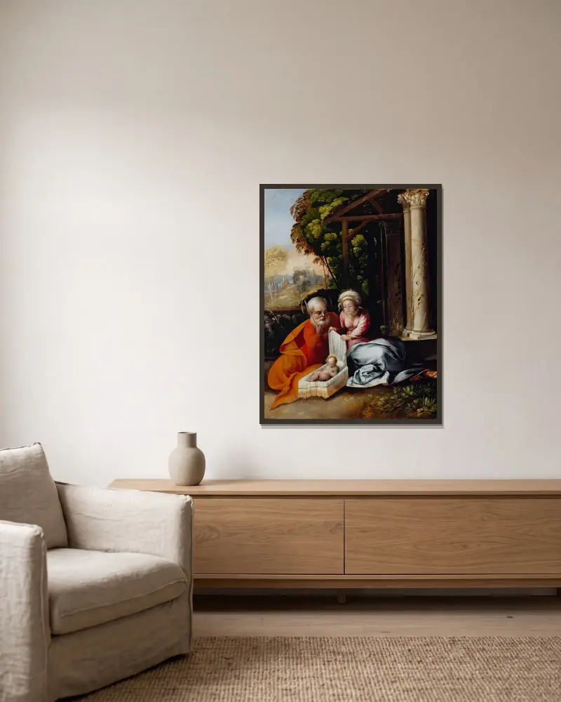 Die Heilige Familie von Dosso Dossi gerahmt an einer Wand