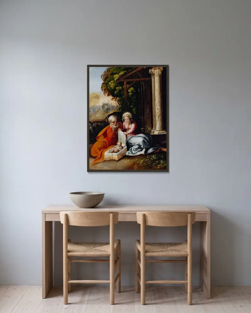 Die Heilige Familie von Dosso Dossi gerahmt an einer Wand