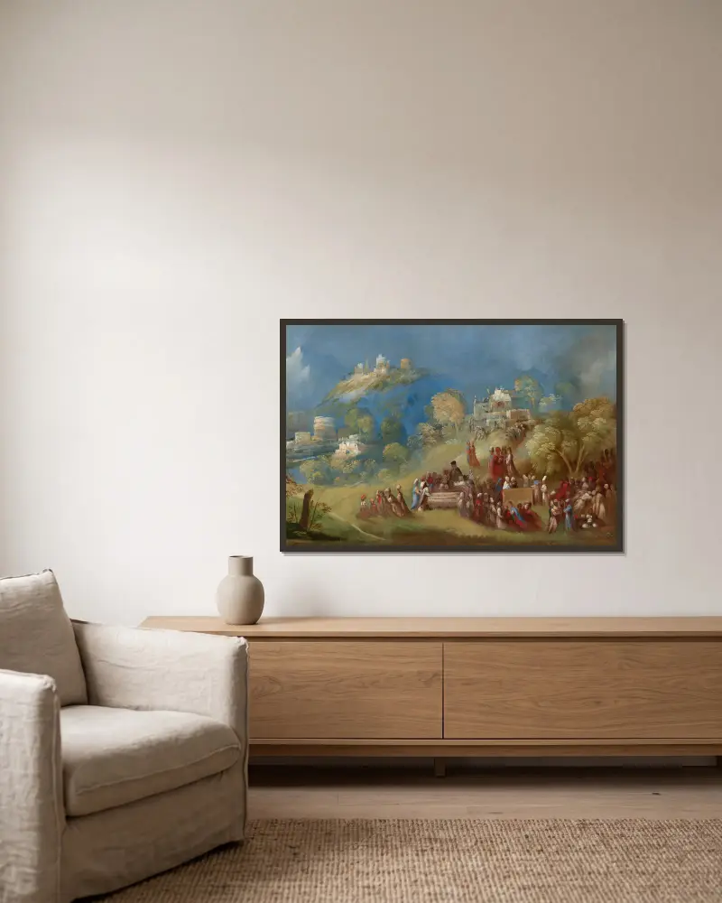 Die Trojaner bauen den Venustempel und opfern am Grab des Anchises auf Sizilien von Dosso Dossi gerahmt an einer Wand