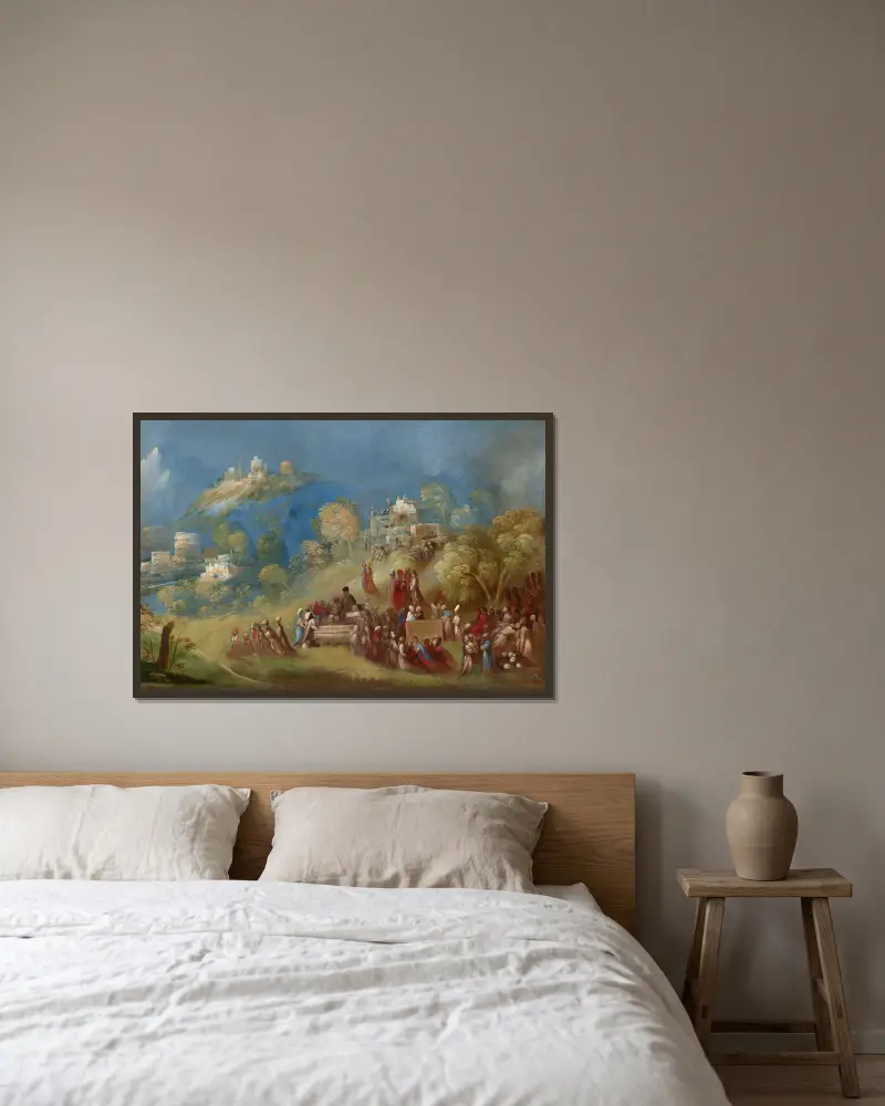 Die Trojaner bauen den Venustempel und opfern am Grab des Anchises auf Sizilien von Dosso Dossi gerahmt an einer Wand