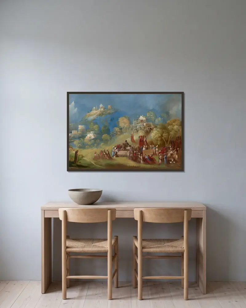 Die Trojaner bauen den Venustempel und opfern am Grab des Anchises auf Sizilien von Dosso Dossi gerahmt an einer Wand