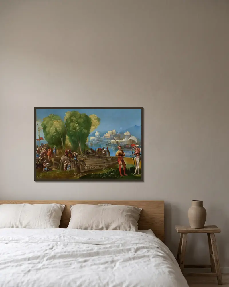 Die Trojaner reparieren ihre Schiffe in Sizilien von Dosso Dossi gerahmt an einer Wand