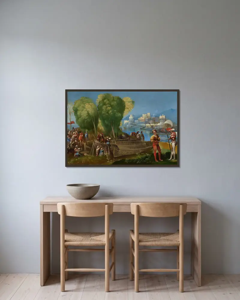 Die Trojaner reparieren ihre Schiffe in Sizilien von Dosso Dossi gerahmt an einer Wand