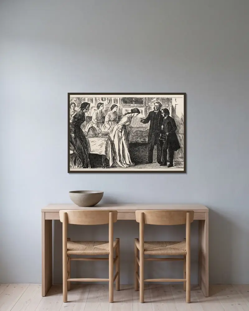 Kyrkoherde sökes. En ganska prövande stund för pastor M. Green av George Du Maurier inramad på en vägg