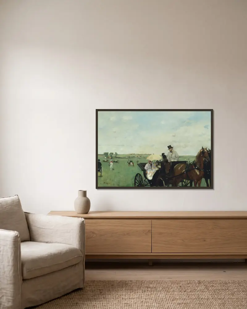 Bei den Pferderennen auf dem Land von Edgar Degas gerahmt an einer Wand
