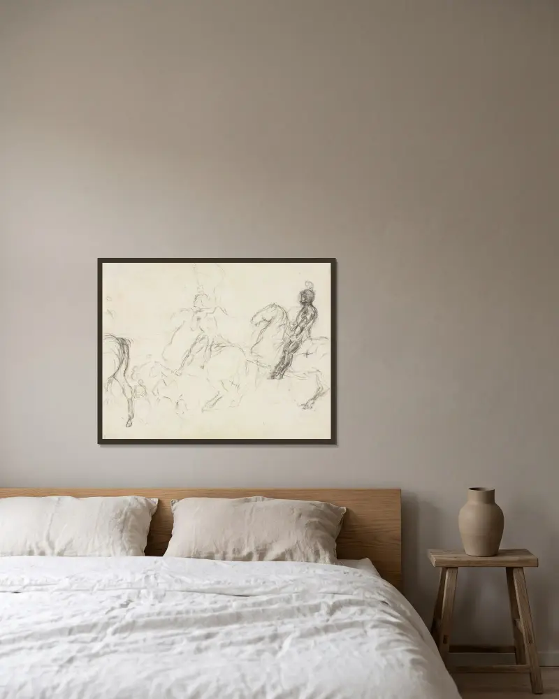 Schlachtszene mit gepanzerten Figuren zu Pferd von Edgar Degas gerahmt an einer Wand