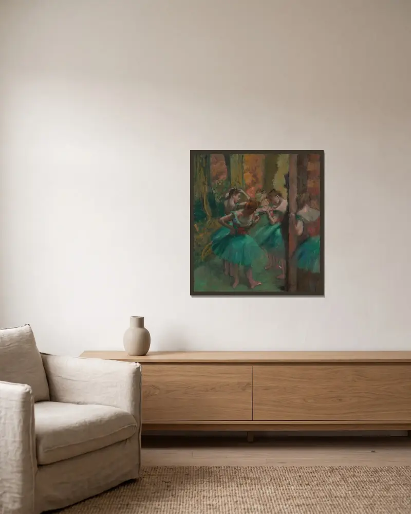 Tänzerinnen in Rosa und Grün von Edgar Degas gerahmt an einer Wand