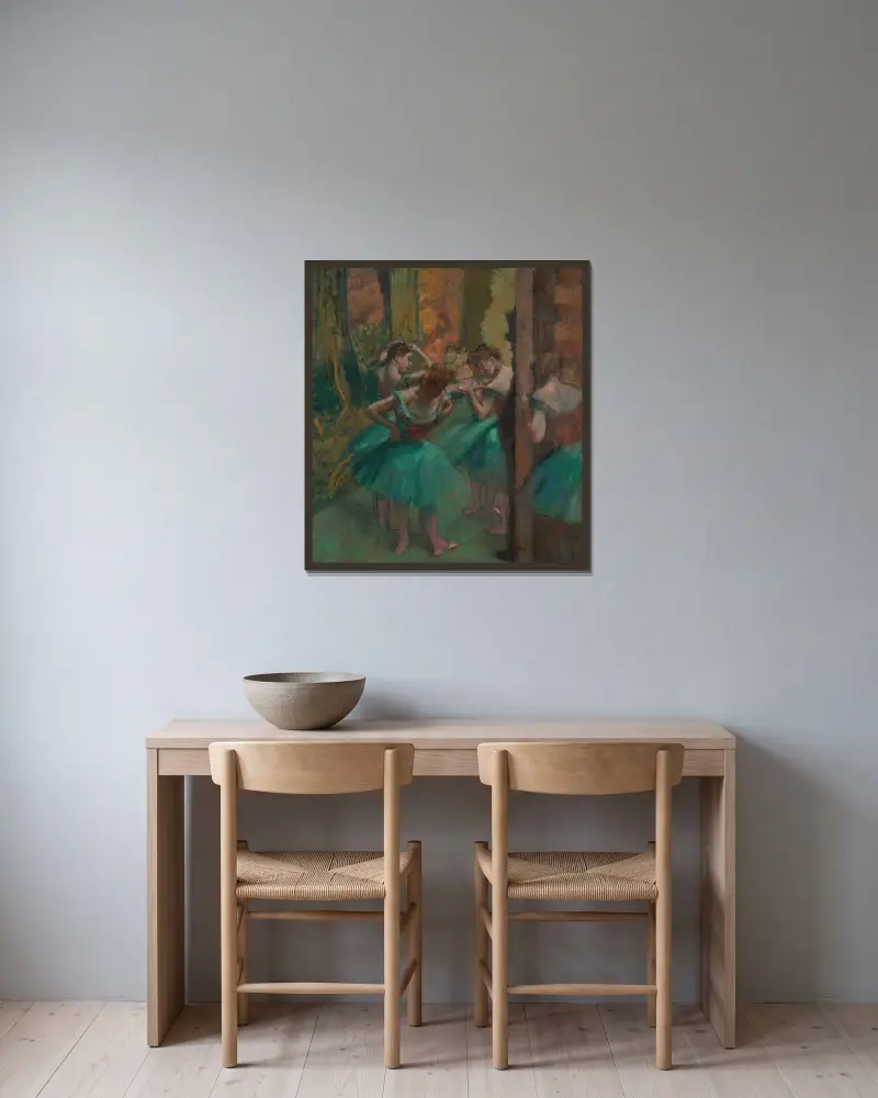 Tänzerinnen in Rosa und Grün von Edgar Degas gerahmt an einer Wand