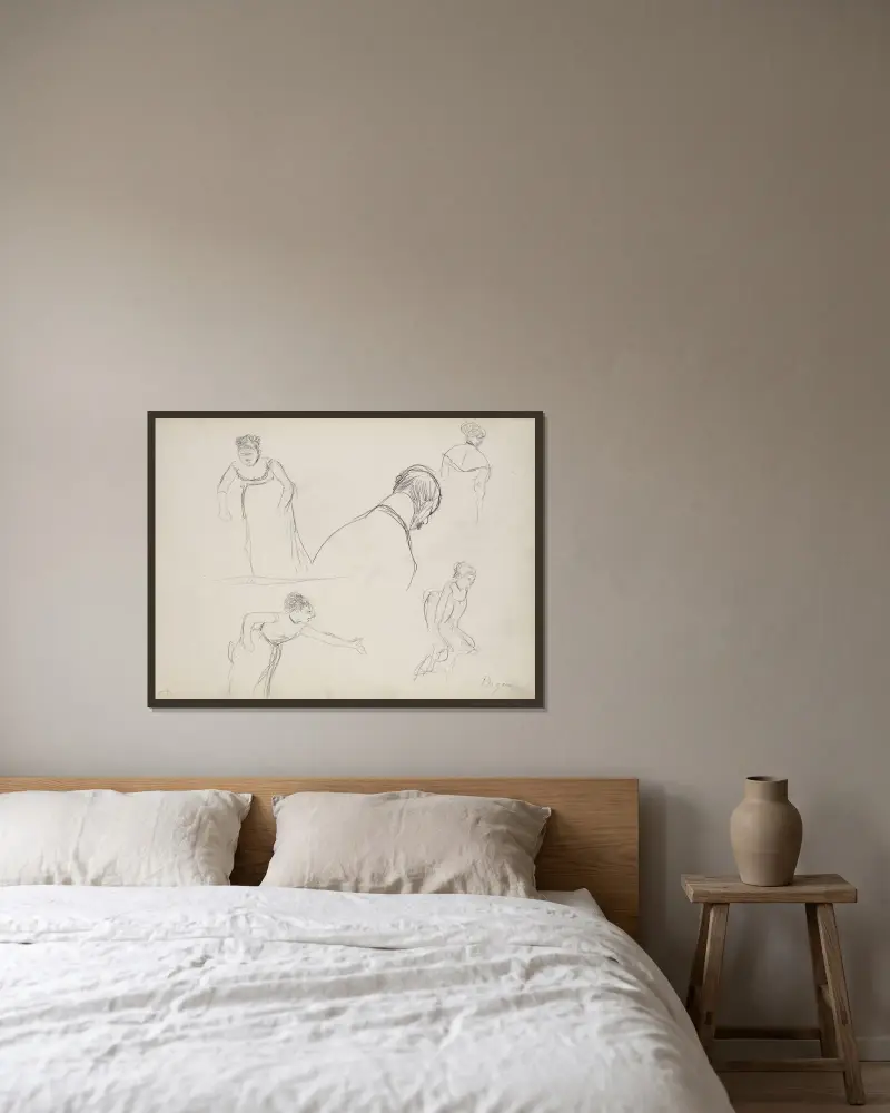 Fünf schnelle Skizzen von Edgar Degas gerahmt an einer Wand