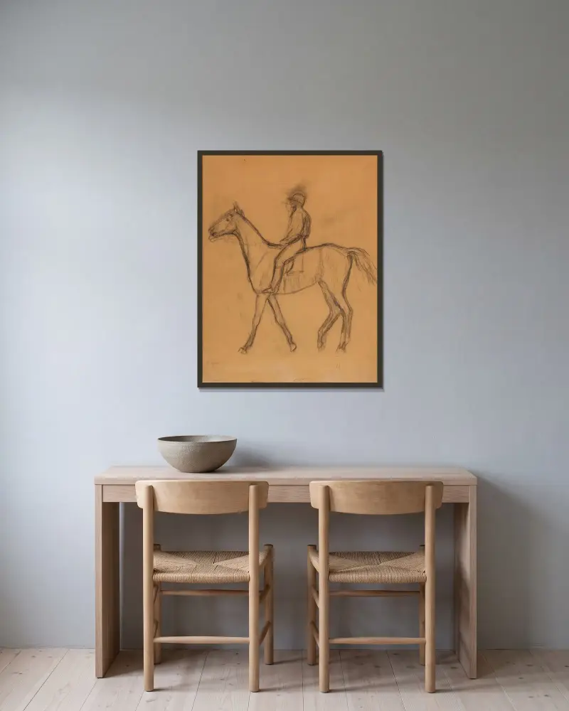 Jockey à cheval av Edgar Degas inramad på en vägg
