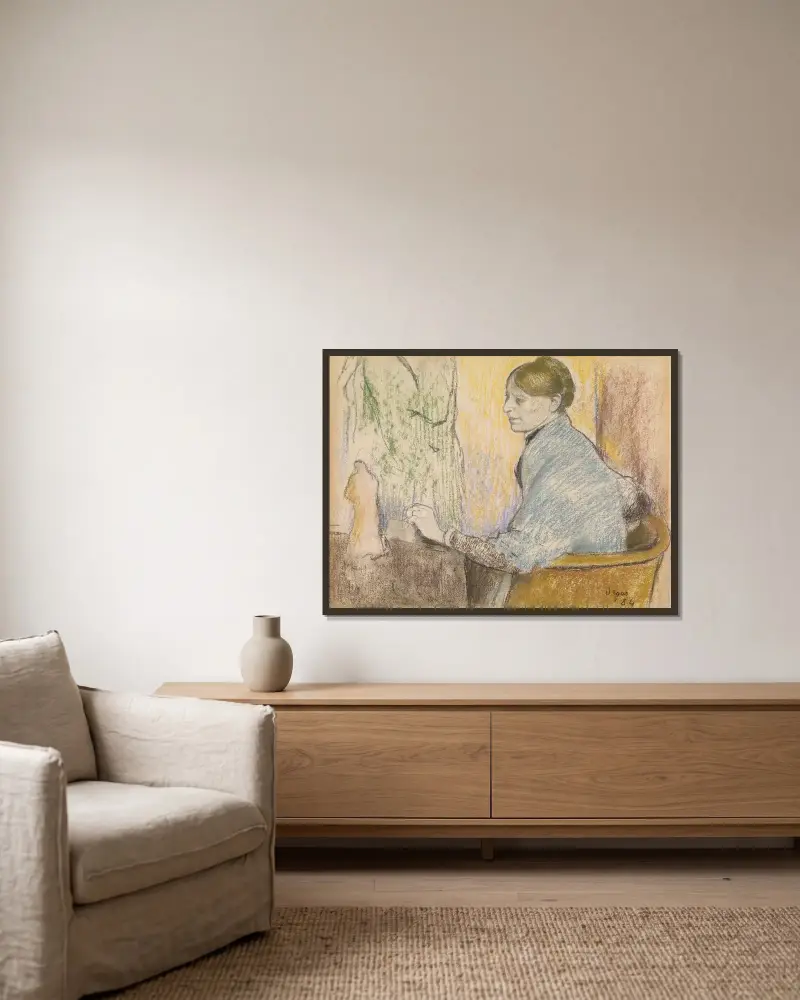 Madame Henri Rouart w fotelu przed małym stolikiem ze statuetką Tanagra, Edgar Degas w ramie na ścianie