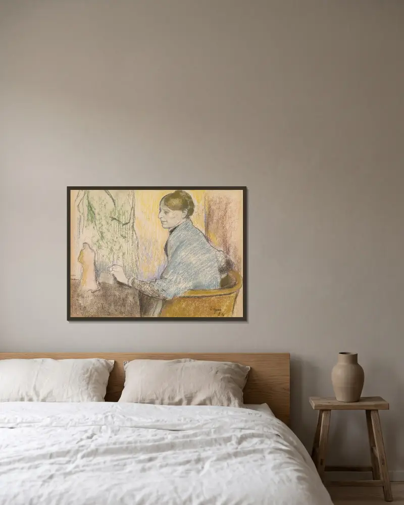 Madame Henri Rouart w fotelu przed małym stolikiem ze statuetką Tanagra, Edgar Degas w ramie na ścianie