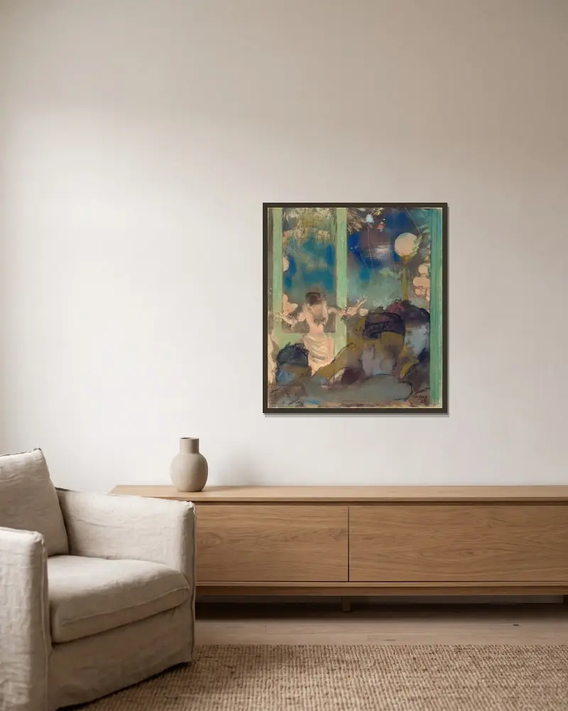 Mademoiselle Bécat im Café des Ambassadeurs von Edgar Degas gerahmt an einer Wand
