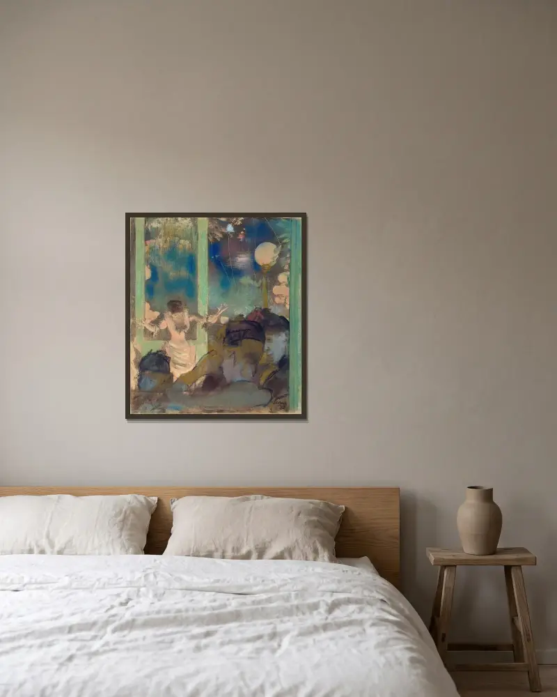 Mademoiselle Bécat im Café des Ambassadeurs von Edgar Degas gerahmt an einer Wand