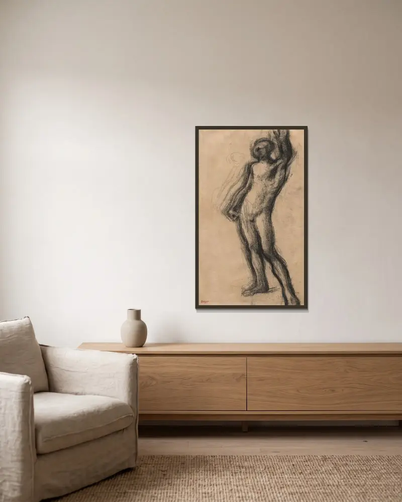 Nude Man Standing, with Left Hand Raised av Edgar Degas inramad på en vägg