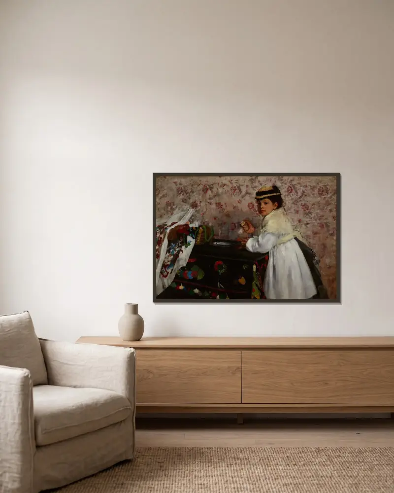Porträtt av mademoiselle Hortense Valpinçon av Edgar Degas inramad på en vägg