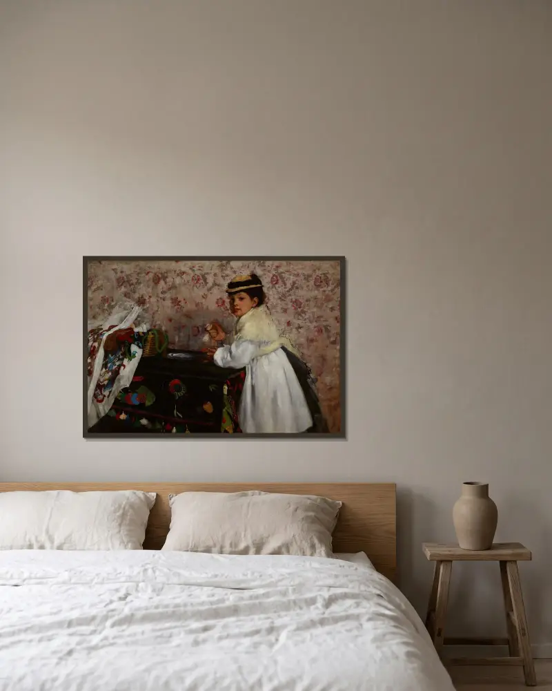 Porträtt av mademoiselle Hortense Valpinçon av Edgar Degas inramad på en vägg