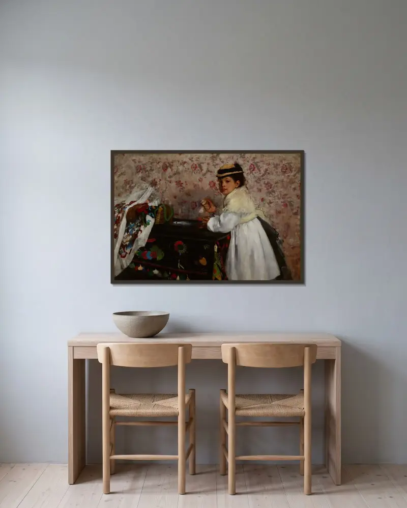 Porträtt av mademoiselle Hortense Valpinçon av Edgar Degas inramad på en vägg