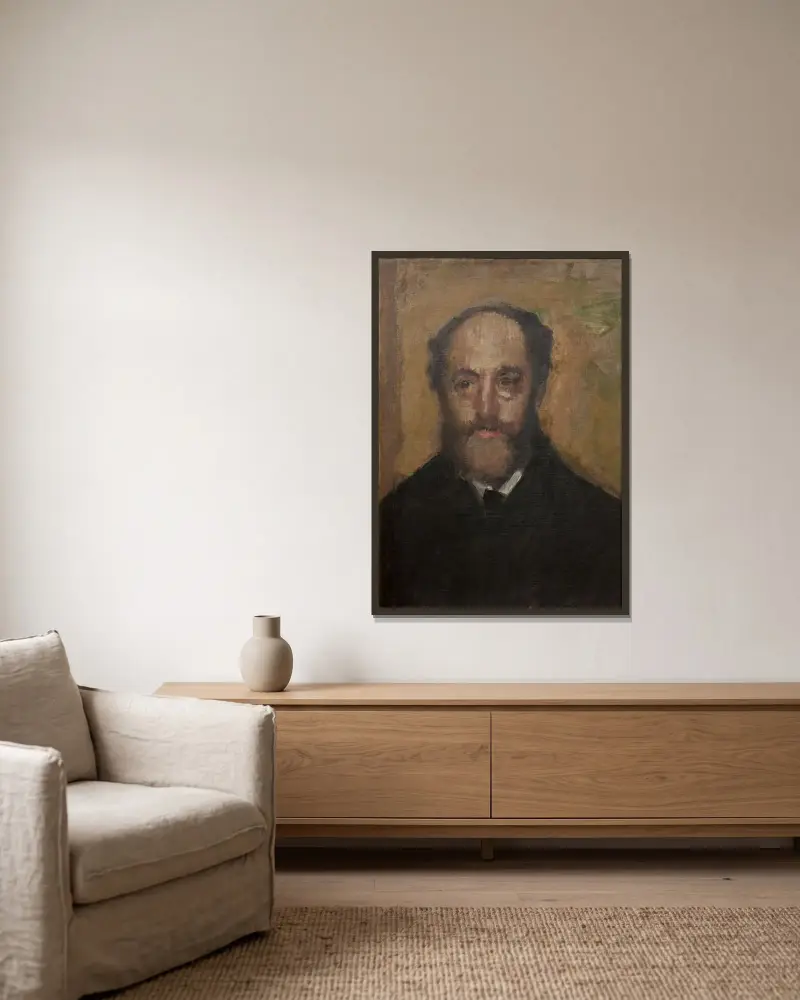 Porträtt av konstkritikern Durand-Gréville av Edgar Degas inramad på en vägg