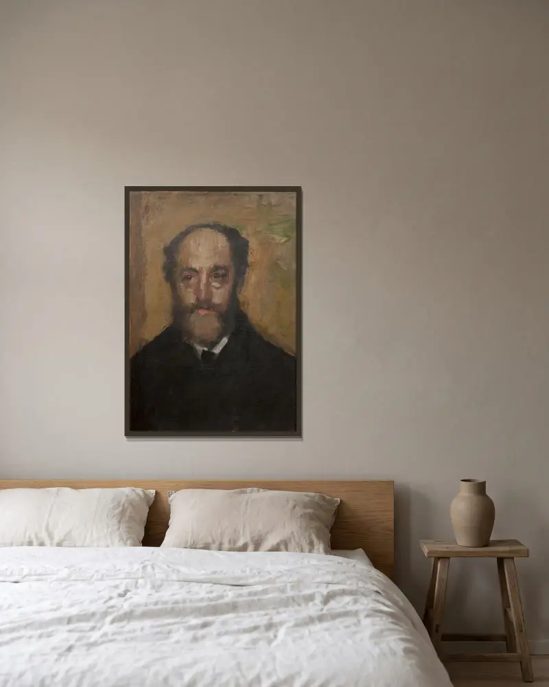 Porträtt av konstkritikern Durand-Gréville av Edgar Degas inramad på en vägg
