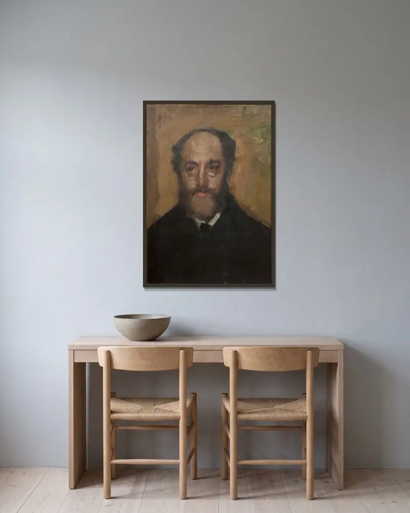 Porträtt av konstkritikern Durand-Gréville av Edgar Degas inramad på en vägg