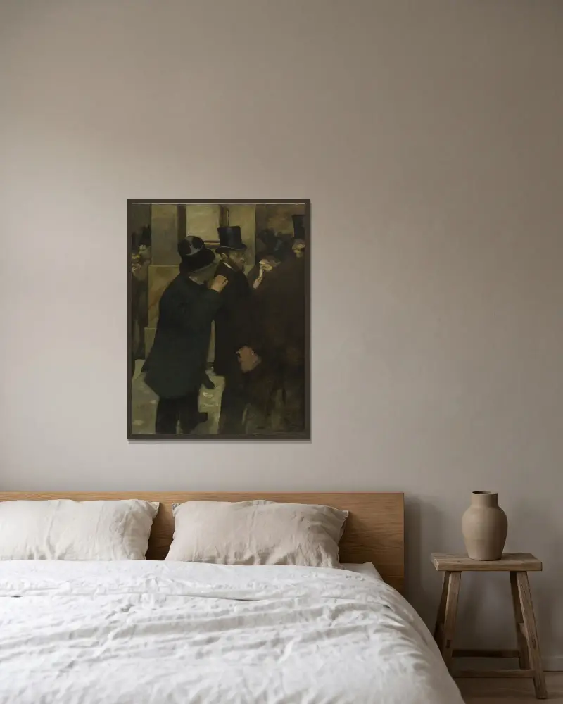 Porträts an der Börse von Edgar Degas gerahmt an einer Wand