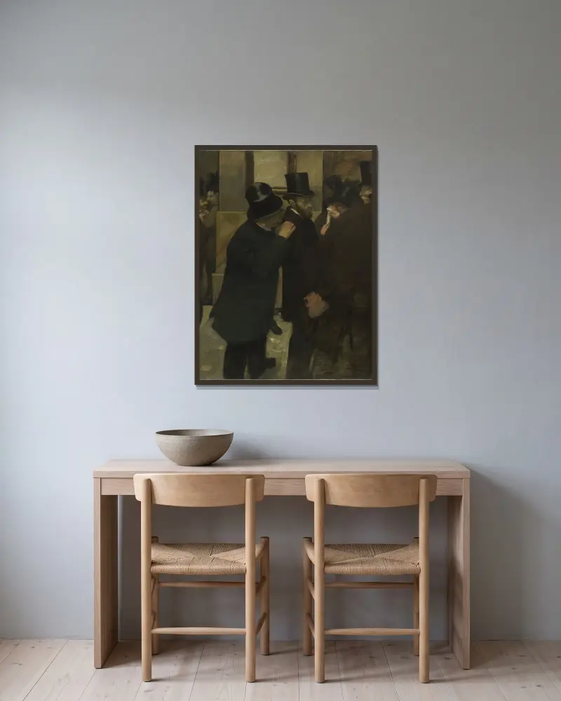 Porträts an der Börse von Edgar Degas gerahmt an einer Wand
