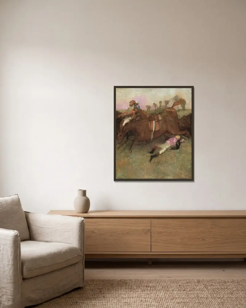 Szene vom Hindernisrennen – Der gestürzte Jockey von Edgar Degas gerahmt an einer Wand