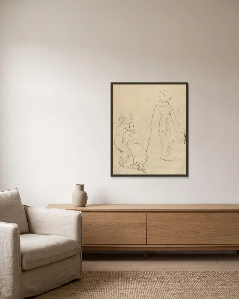 Studie för ”Mary Cassatt på Louvren” (verso) av Edgar Degas inramad på en vägg