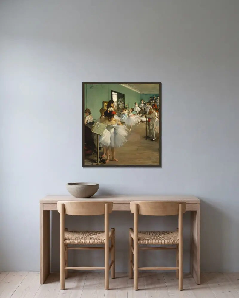 The Dance Class, 1874 av Edgar Degas inramad på en vägg