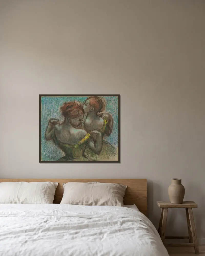 Two Dancers, Half-length av Edgar Degas inramad på en vägg