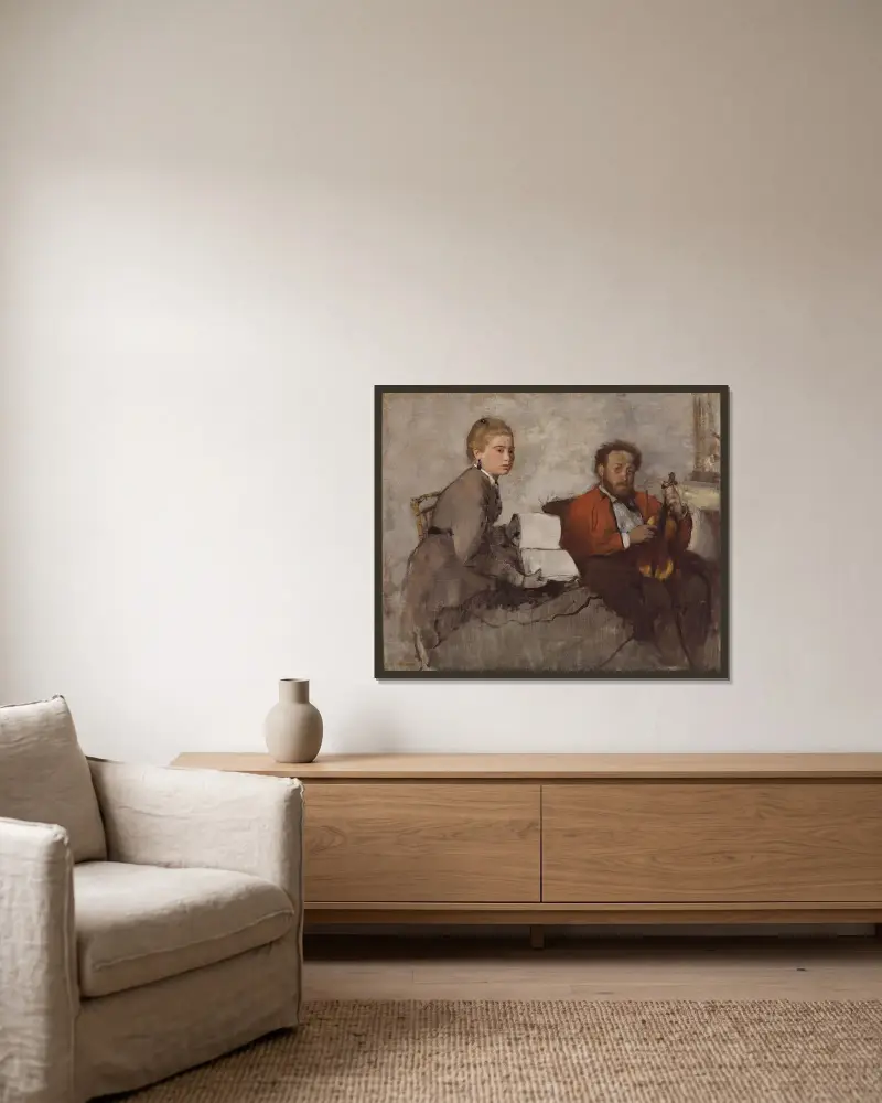 Der Violinist und die junge Frau von Edgar Degas gerahmt an einer Wand