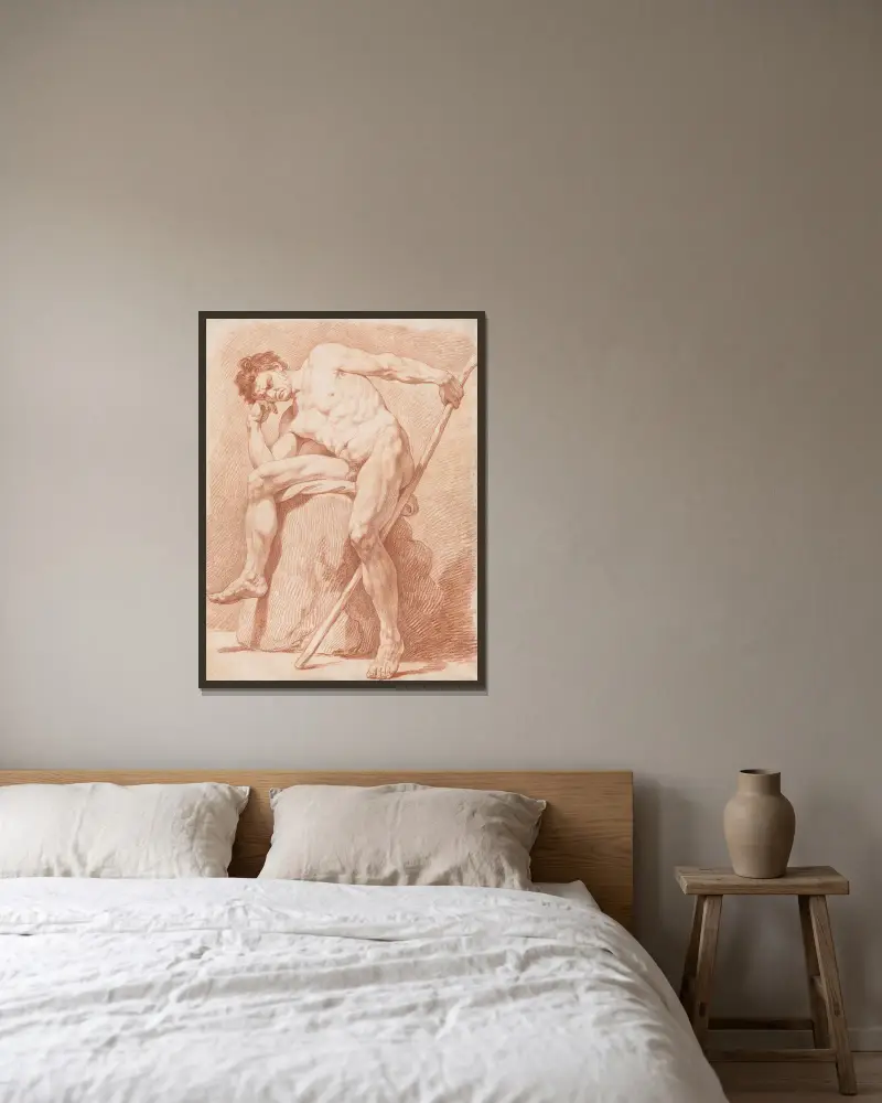 Akademiestudie eines sitzenden nackten Mannes mit Stab von Edmé Bouchardon gerahmt an einer Wand