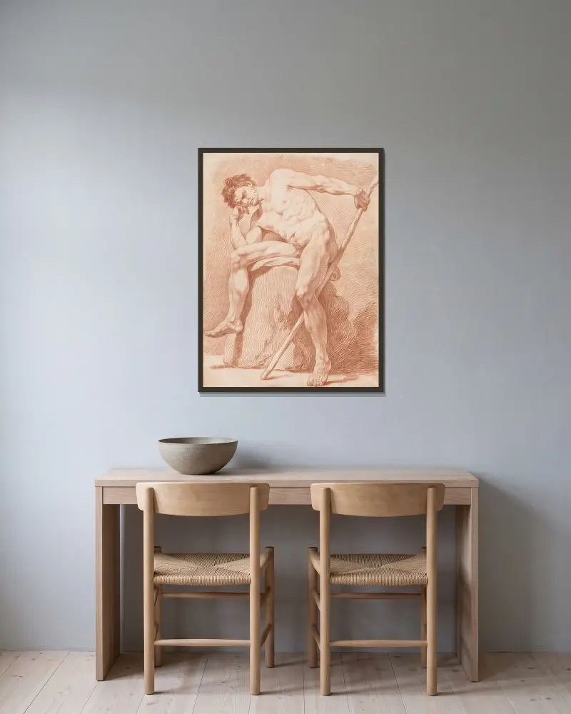 Akademiestudie eines sitzenden nackten Mannes mit Stab von Edmé Bouchardon gerahmt an einer Wand