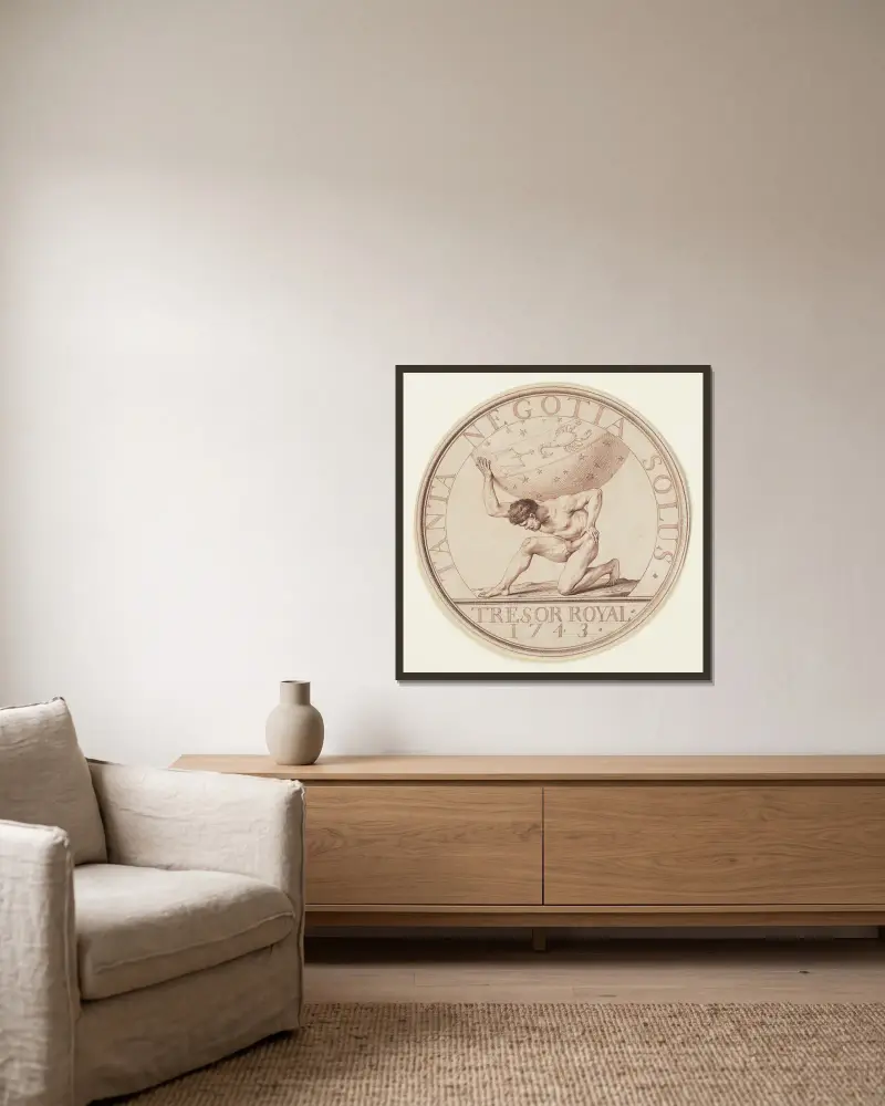 Atlas bär himlakulan (Sondermünze 'Trésor Royal 1743') av Edmé Bouchardon inramad på en vägg