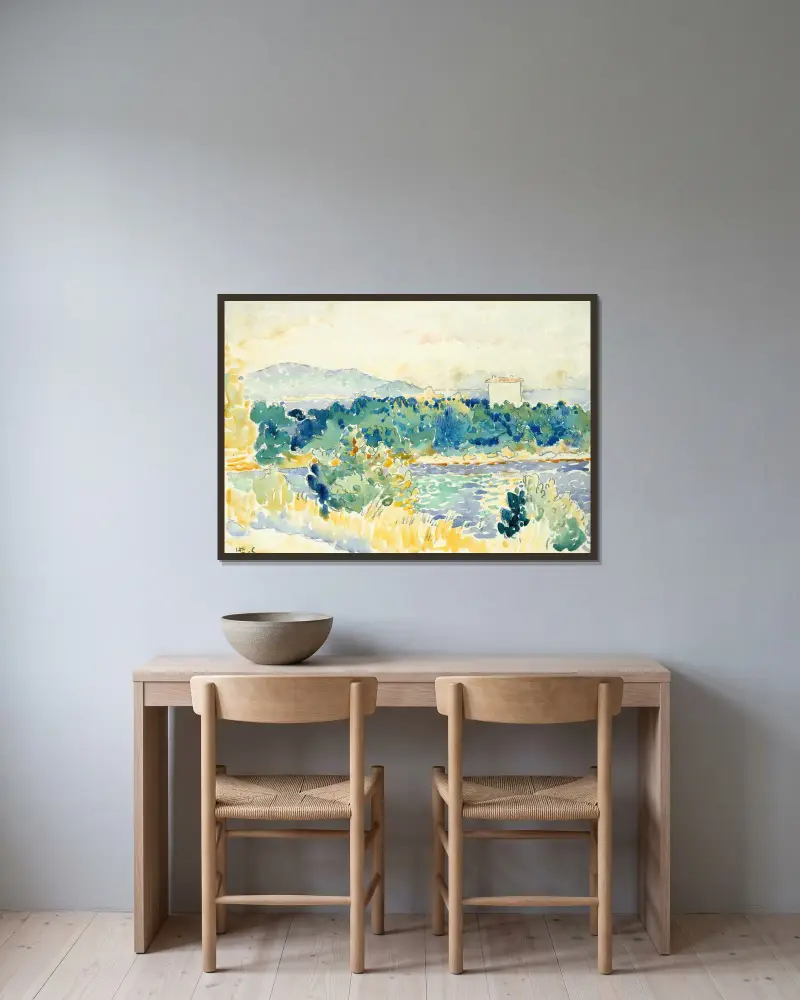 Medelhavslandskap med vitt hus av Henri-Edmond Cross inramad på en vägg
