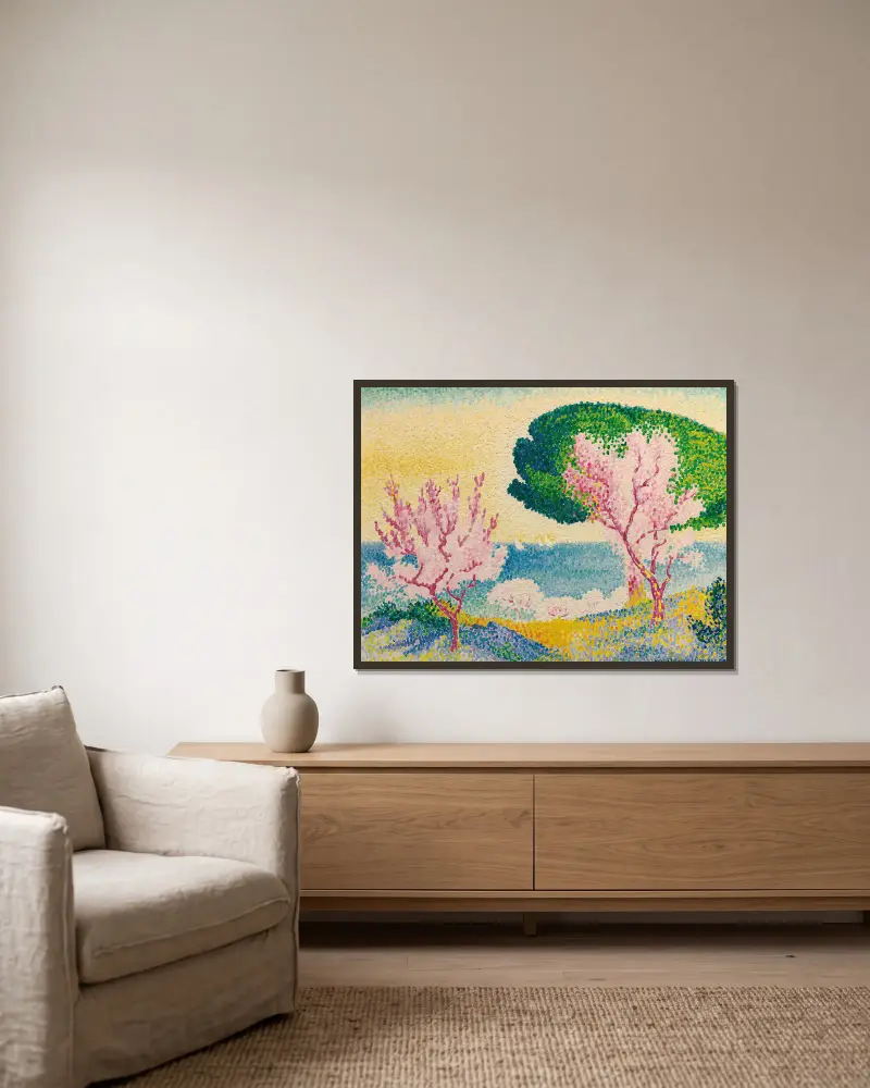 Printemps Rose av Henri-Edmond Cross inramad på en vägg