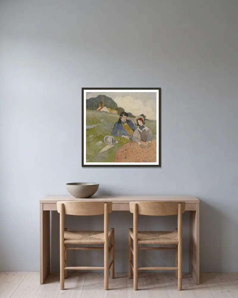 Ett par sittande i ett lantligt landskap av Edmund Dulac inramad på en vägg